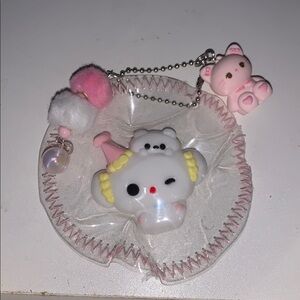 Pink kitty & Character bag/purse charm Keychain with pop Poms